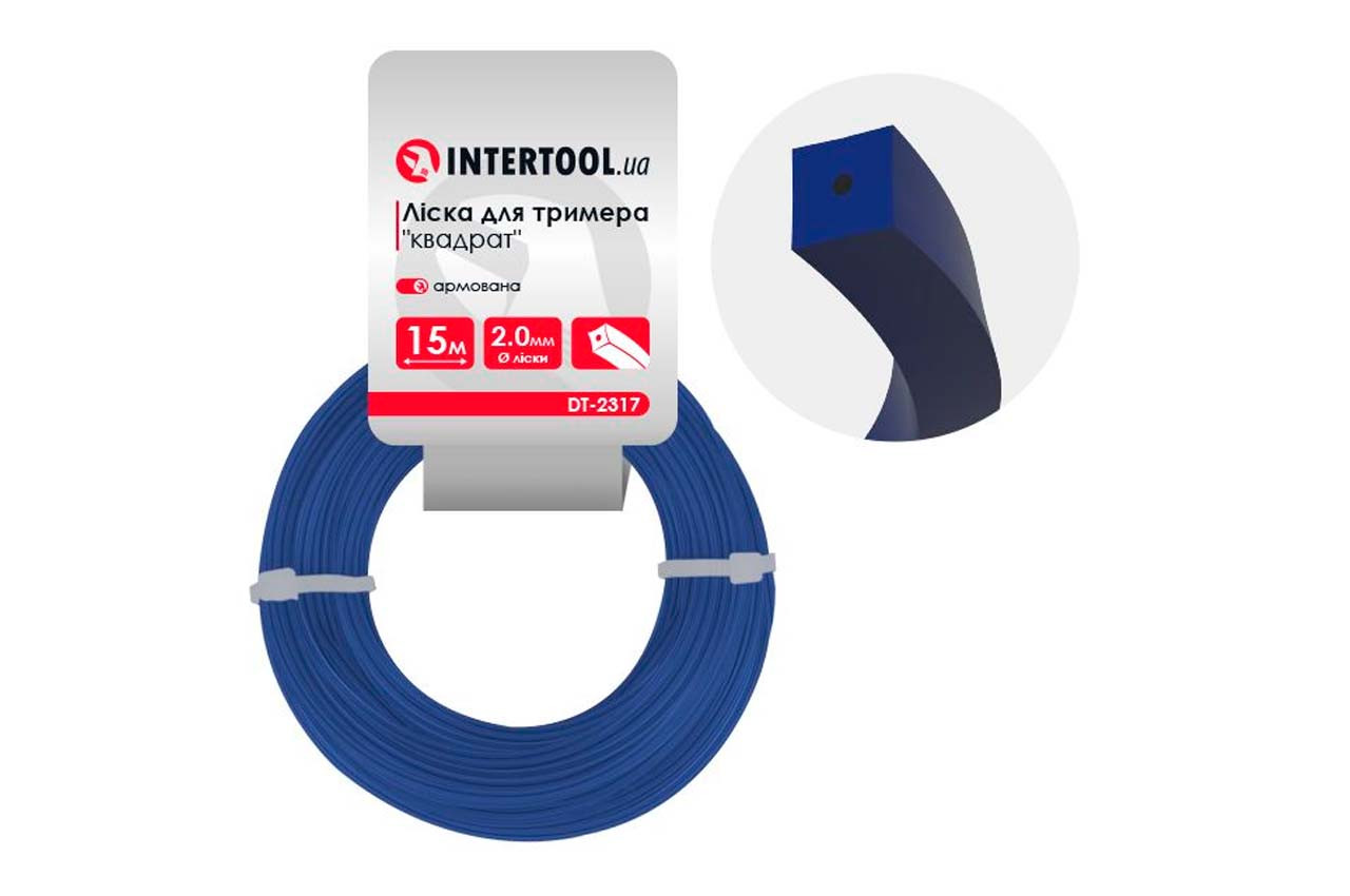 Ліска для тримера Intertool 2.0 мм x 15 м квадрат армований, нейлонова волосінь підвищеної міцності