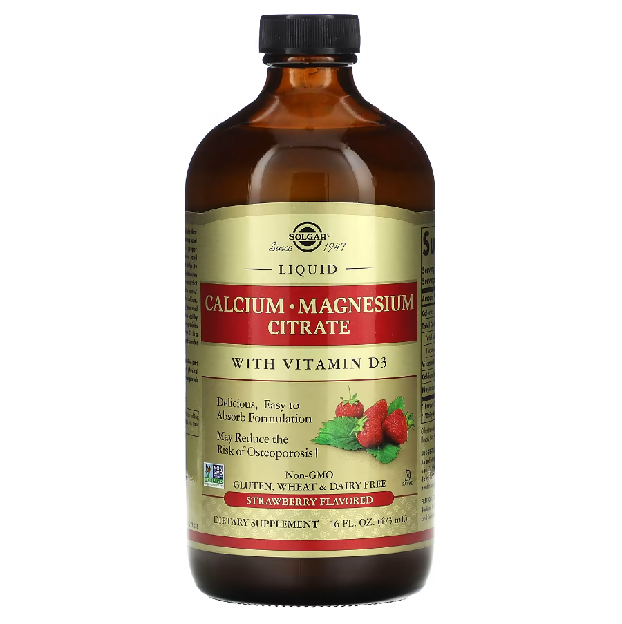 Liquid Calcium Magnesium Citrate with Vitamin D3 Strawberry Solgar 16 fl oz 473 мл, фото 1