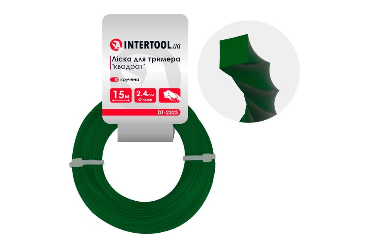 Ліска для тримера Intertool 2.4 мм x 15 м квадрат кручений, для точного зрізання газонної трави
