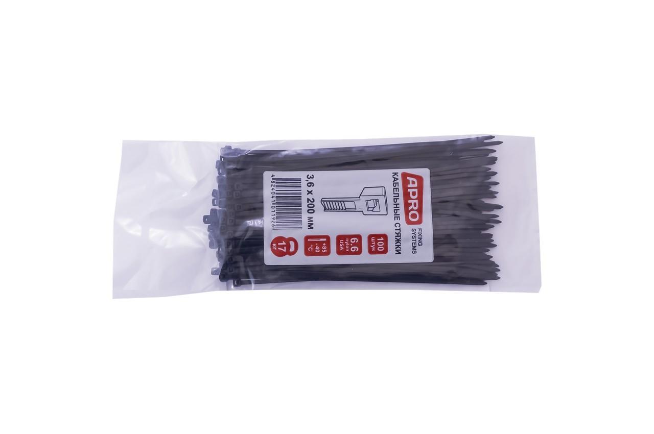 Хомут пластиковий Apro 3,6 x 200 мм чорний, міцність до 17 кг, поліамід 6.6 (100 шт.)