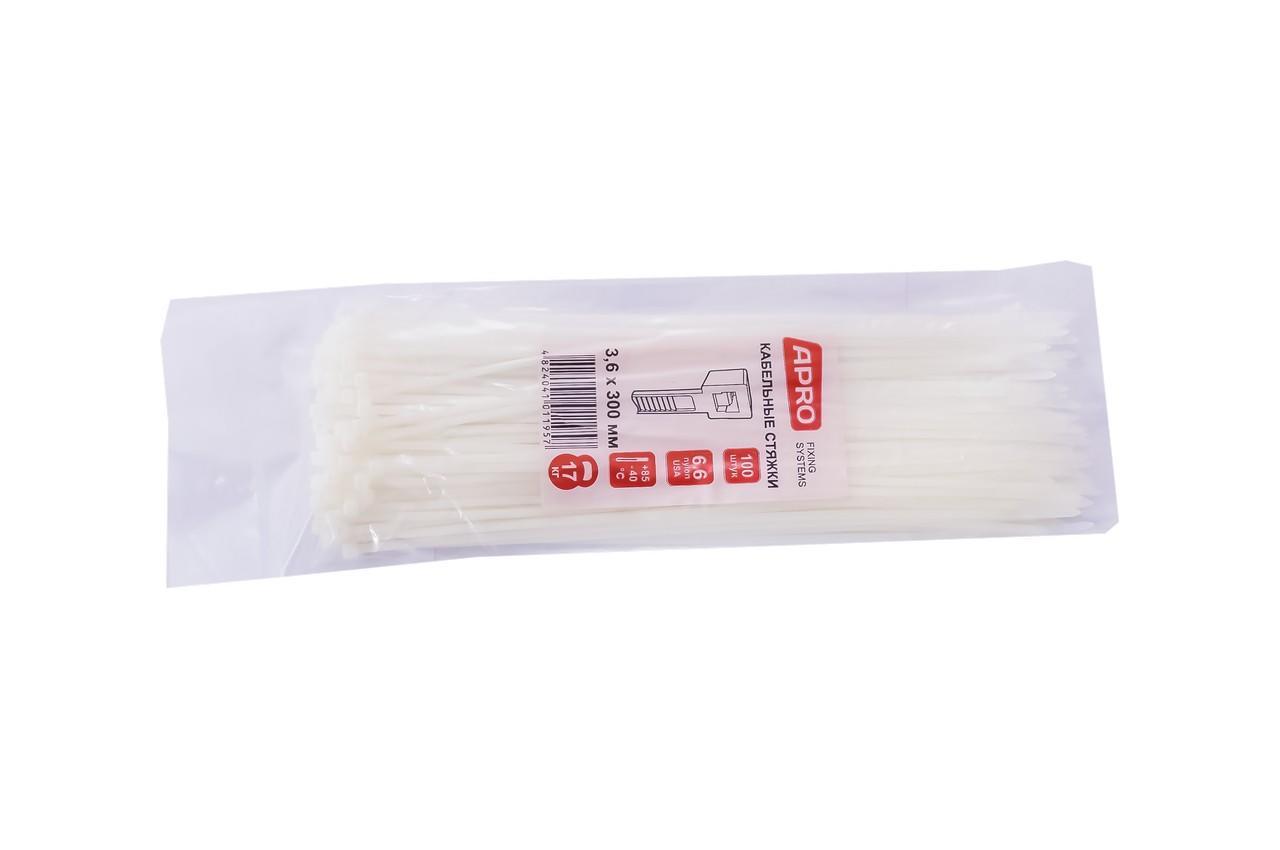 Хомут пластиковий Apro 3.6 х 300 мм білий, 100 штук, нейлоновий, Китай