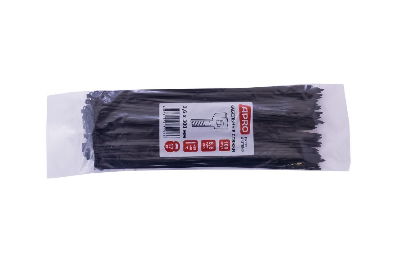 Хомут пластиковий Apro чорний 3,6 мм ширина, 300 мм довжина, упаковка 100 шт., виробник Китай (CT-B36300)