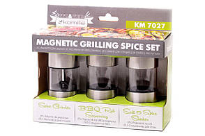 Набір ємностей для спецій Kamille 3 шт з керамічним механізмом, нержавіюча сталь, механічний млин (7027)