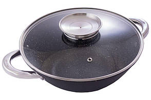 Сковорода WOK Kamille 4806MR, чавунна, 280 мм, 3.6 л, з мармуровим антипригарним покриттям, кришкою та аксесуарами