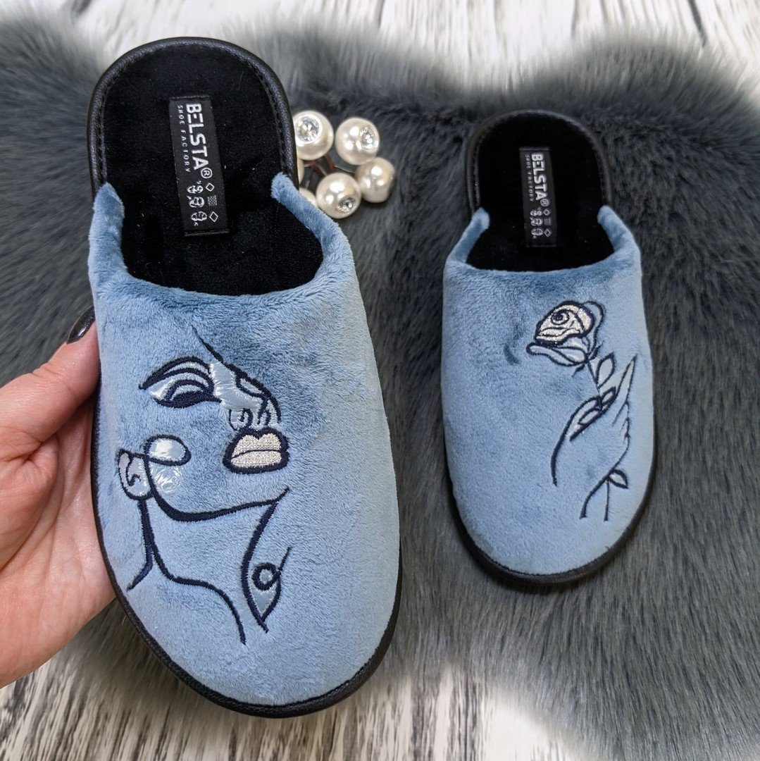 Капці жіночі домашні Белста темно-блакитні із закритим носком велюрові 4689, фото 1