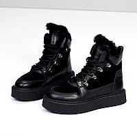 Жіночі черевики зимові шкіряні на хутрі чорні натуральна шкіра/замша