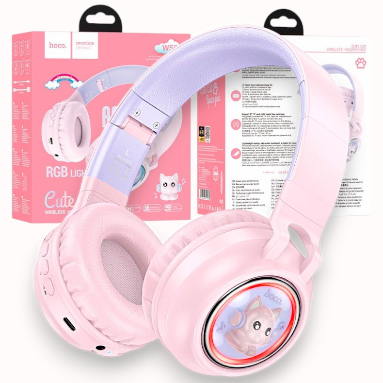 Bluetooth навушники з дротовим і бездротовим режимом HOCO W50 Cute fun RGB-підсвітка, рожеві