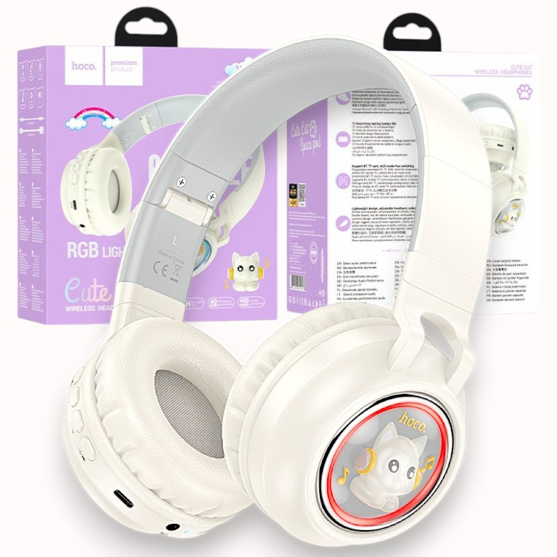 Bluetooth навушники з дротовим і бездротовим режимом HOCO W50 Cute fun RGB-підсвітка, рожеві