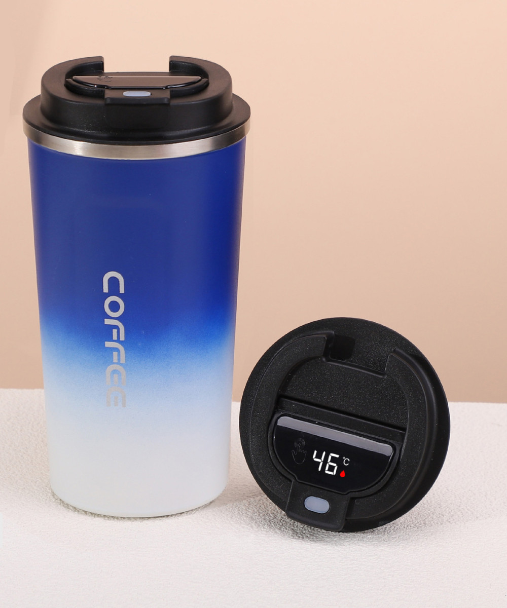 Термочашка Coffee 510 мл Біла-Блакитна, з індикатором температури