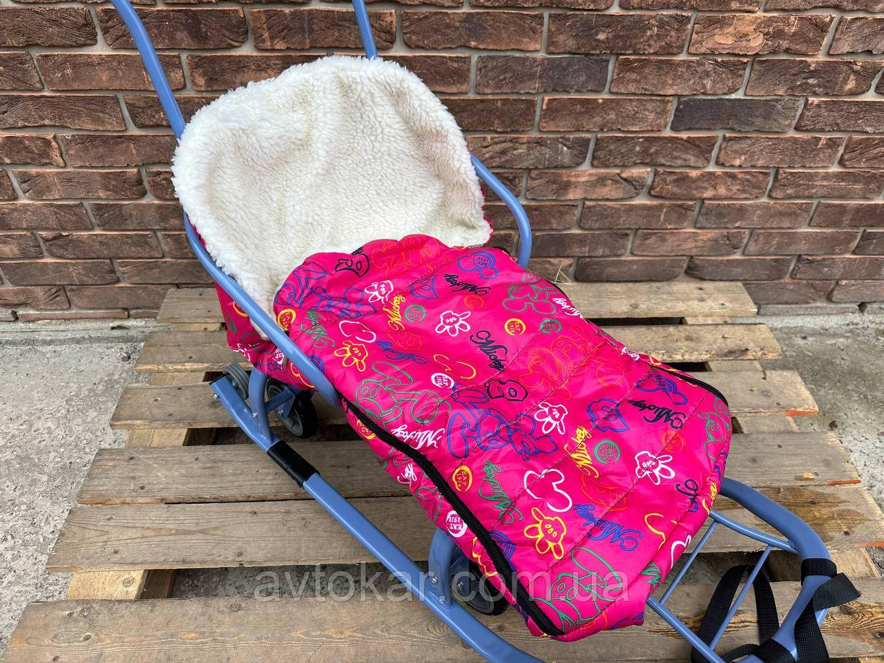 Конверт/чохол для санок, зі штучної овчини, на дві блискавки, із затяжками рожевий Мікі Маус ORG, фото 1