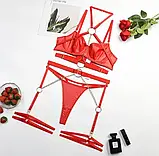 Червоний латексний комплект білизни з поясом, чокером і гартерами, фото 2
