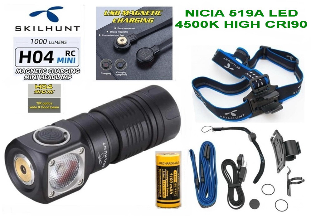 Налобний ліхтар SKILHUNT H04 RC Mini + 1100mAh 18350 Акумулятор (1200LM, NICIA 519A HIGH-CRI LED, 4500k, IPX8, TIR, Магніт)