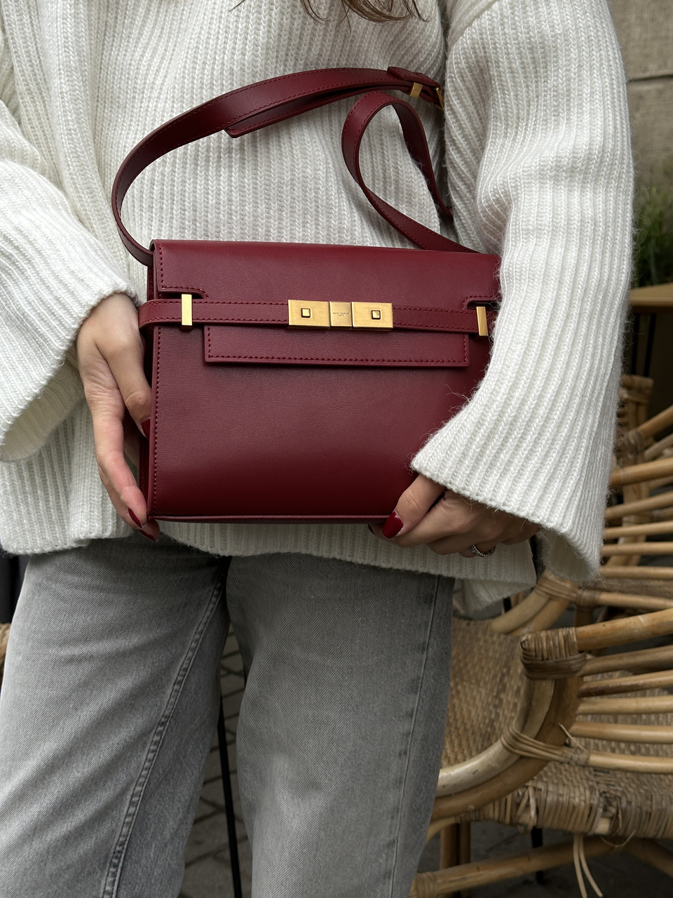 Неймовірна жіноча сумка шкіряна через плече YSL Manhattan середнього розміру бордова на подарунок, фото 1