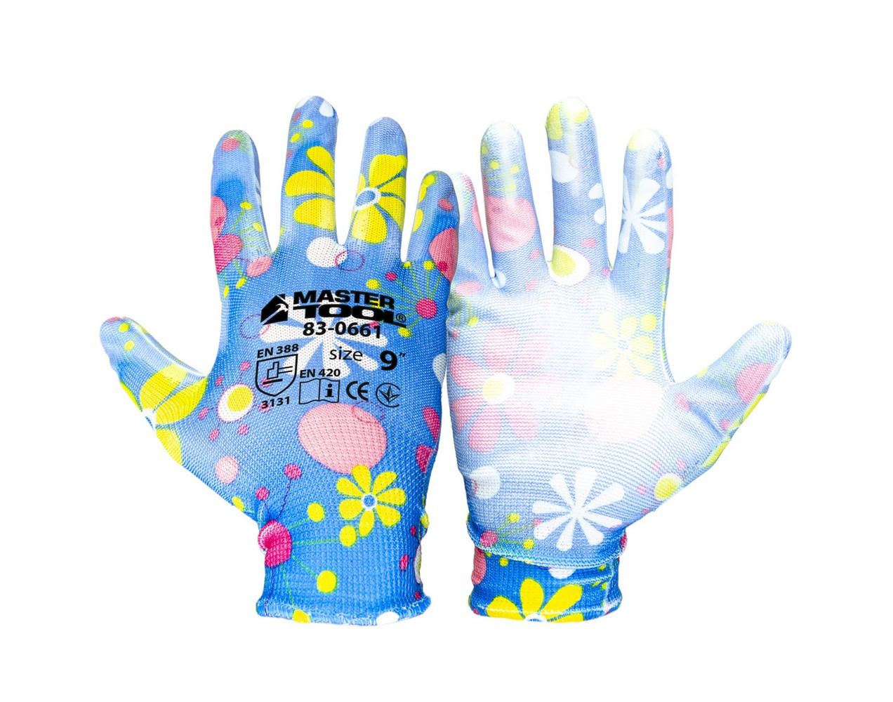 Рукавички безшовні трикотажні MASTERTOOL "Волошка" з поліуретановим покриттям долоні 9" 17-20 г підвіс 12 пар 83-0661doz, фото 1