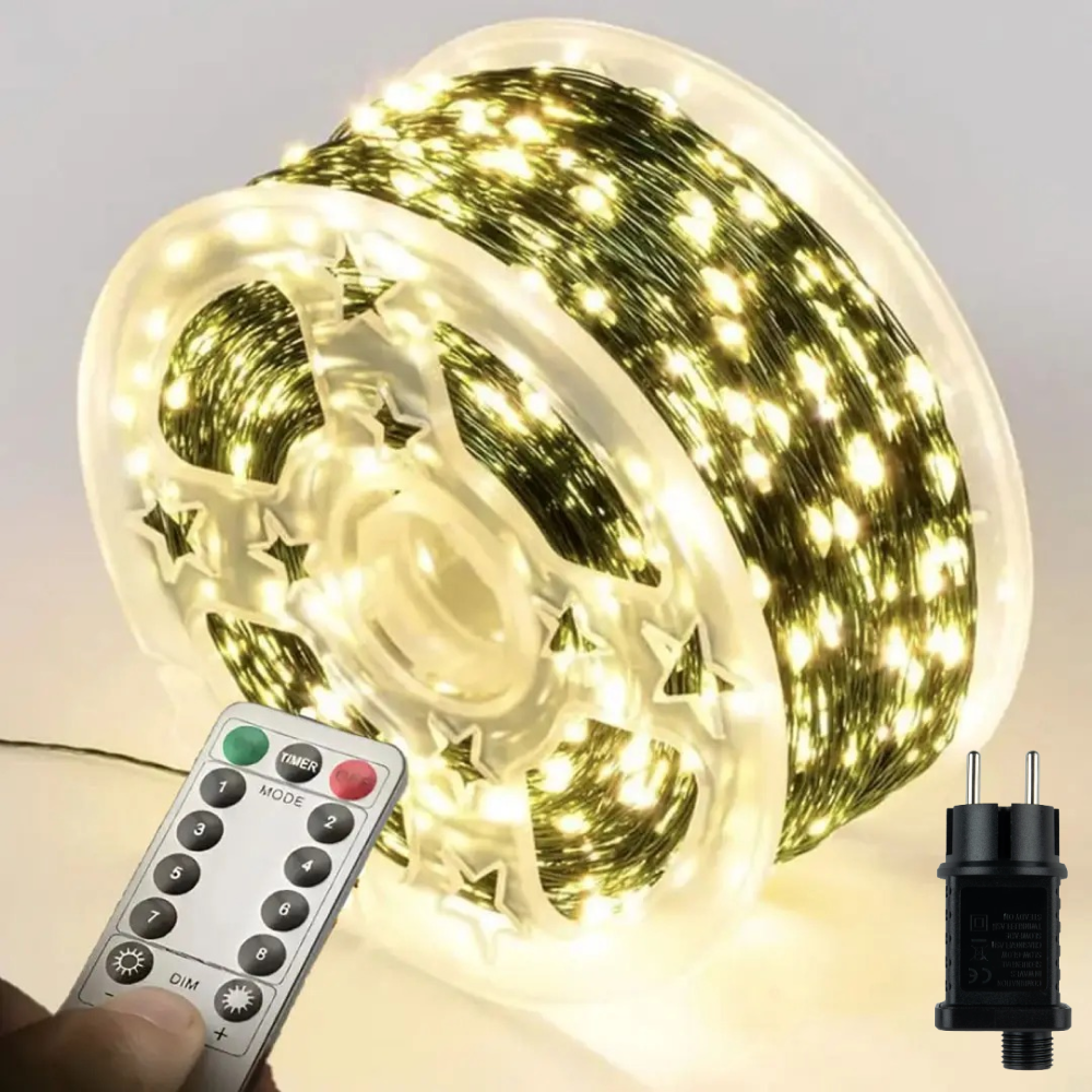 Світлодіодна гірлянда нитка "Роса" 50м з пультом, 500LED, 220В (адаптер 12В), зелений провід, Теплий білий