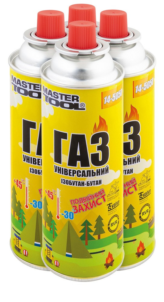 Газ бутан MASTERTOOL "УНІВЕРСАЛЬНИЙ" 220 г подвійний захист RVR TSV 4 шт 14-5050PC, фото 1