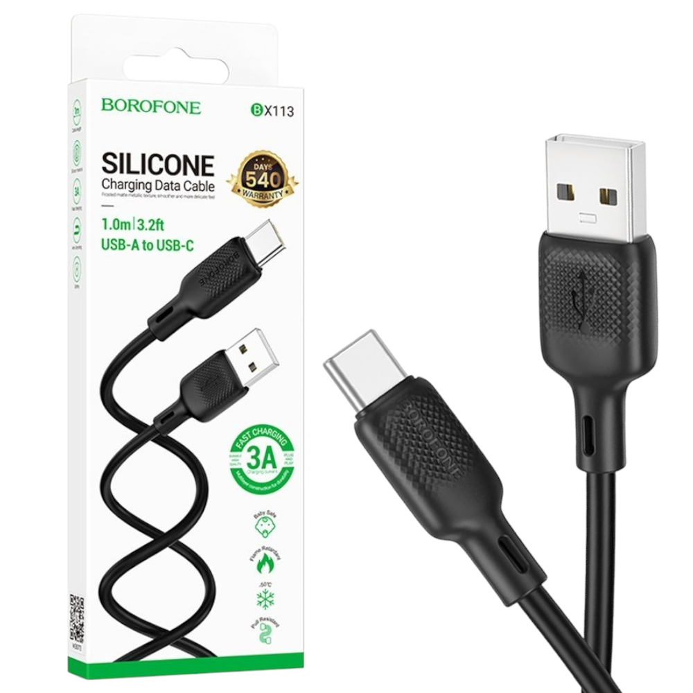 Кабель USB-Type-C Borofone BX113 (3А/1м/силікон) чорний, кабель для зарядки телефону Type-C, фото 1
