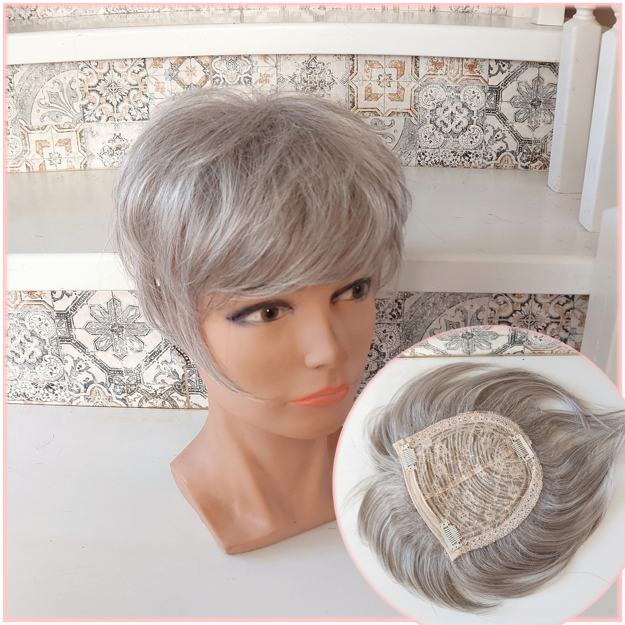 Накладка на маківку на зажимах з термоволосся попелясто-сивий RY603- 51, фото 1