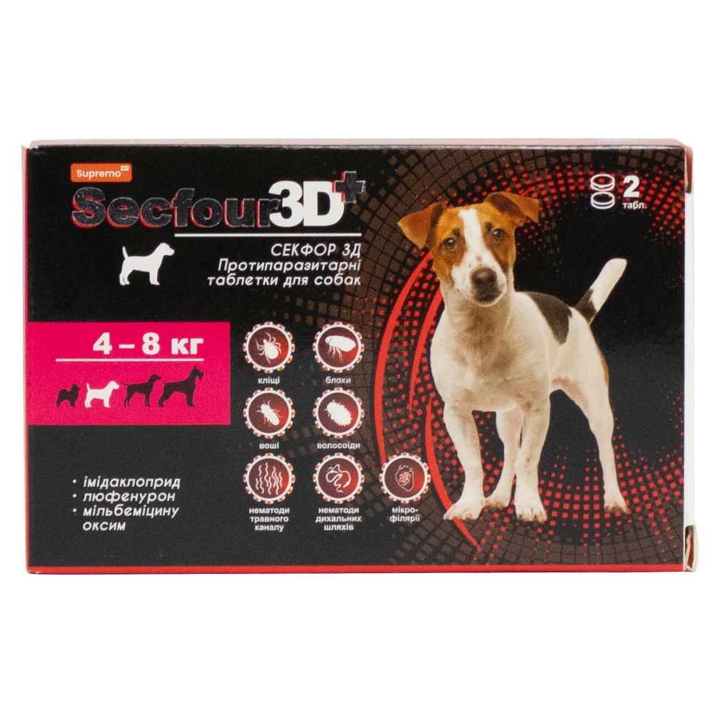 Протипаразитарні таблетки проти бліх і кліщів для собак вагою 4-8 кг Secfour 3D, 2 таб/уп-0,4 г (*), фото 1