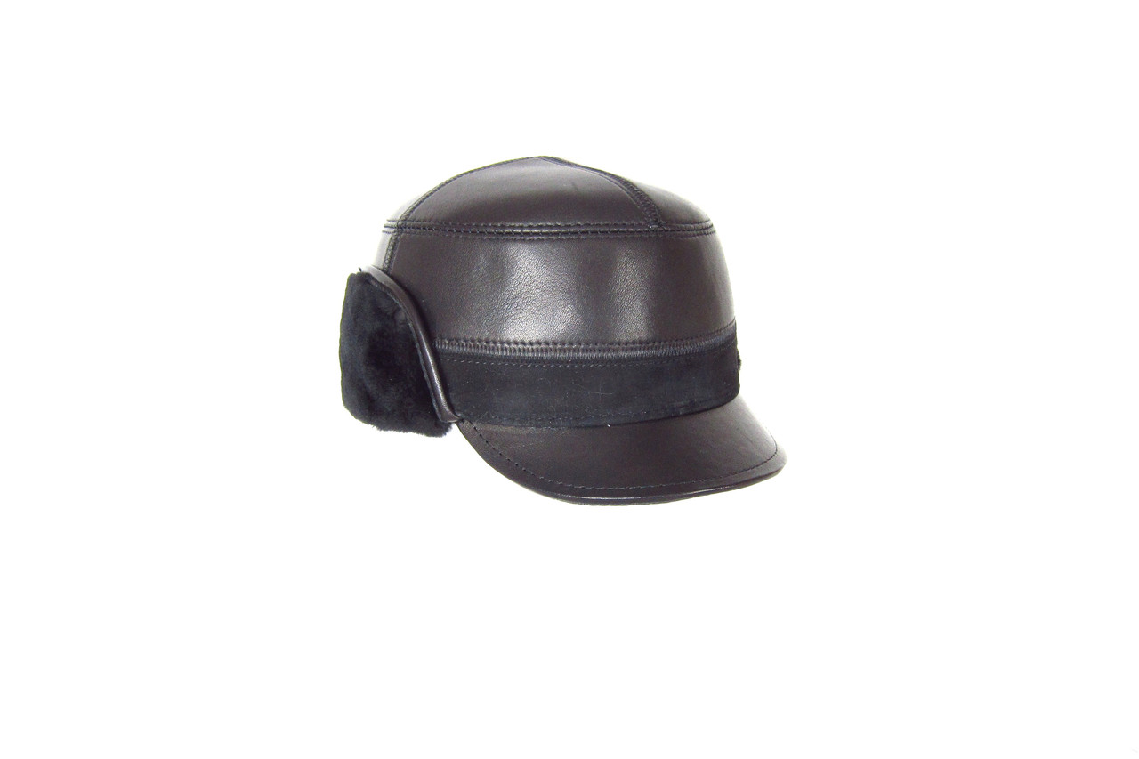 Чоловіча зимова кепка немка з натуральної шкіри чорна на натуральному хутрі 57 розмір DAVANI 52002, фото 1