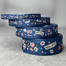 1,5 см Стрічка сатинова з принтом на метраж - #743/1 - синій джинс, фото 2