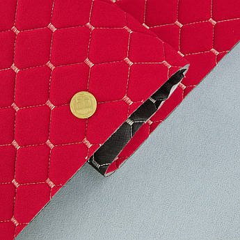 Велюр Venus стьобаний «Червоний Ромб прошитий світло-бежевою ниткою» на поролоні 6мм та флізеліні, ширина 140см