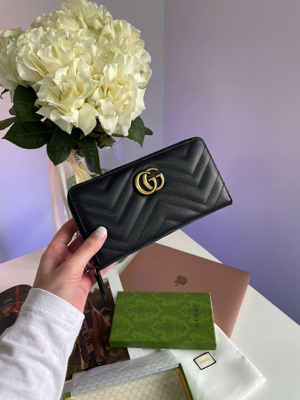 Стильний чорний жіночий гаманець Gucci GG на блискавці, фото 1