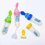 Силіконова пляшечка з ложкою для годування 120 мл. Блакитна, фото 6