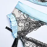 Блакитна спідня білизна з чорним мереживом ліф, трусики і пояс, фото 5