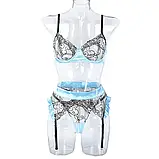 Блакитна спідня білизна з чорним мереживом ліф, трусики і пояс, фото 7