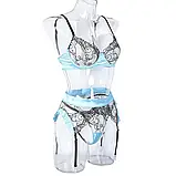 Блакитна спідня білизна з чорним мереживом ліф, трусики і пояс, фото 8