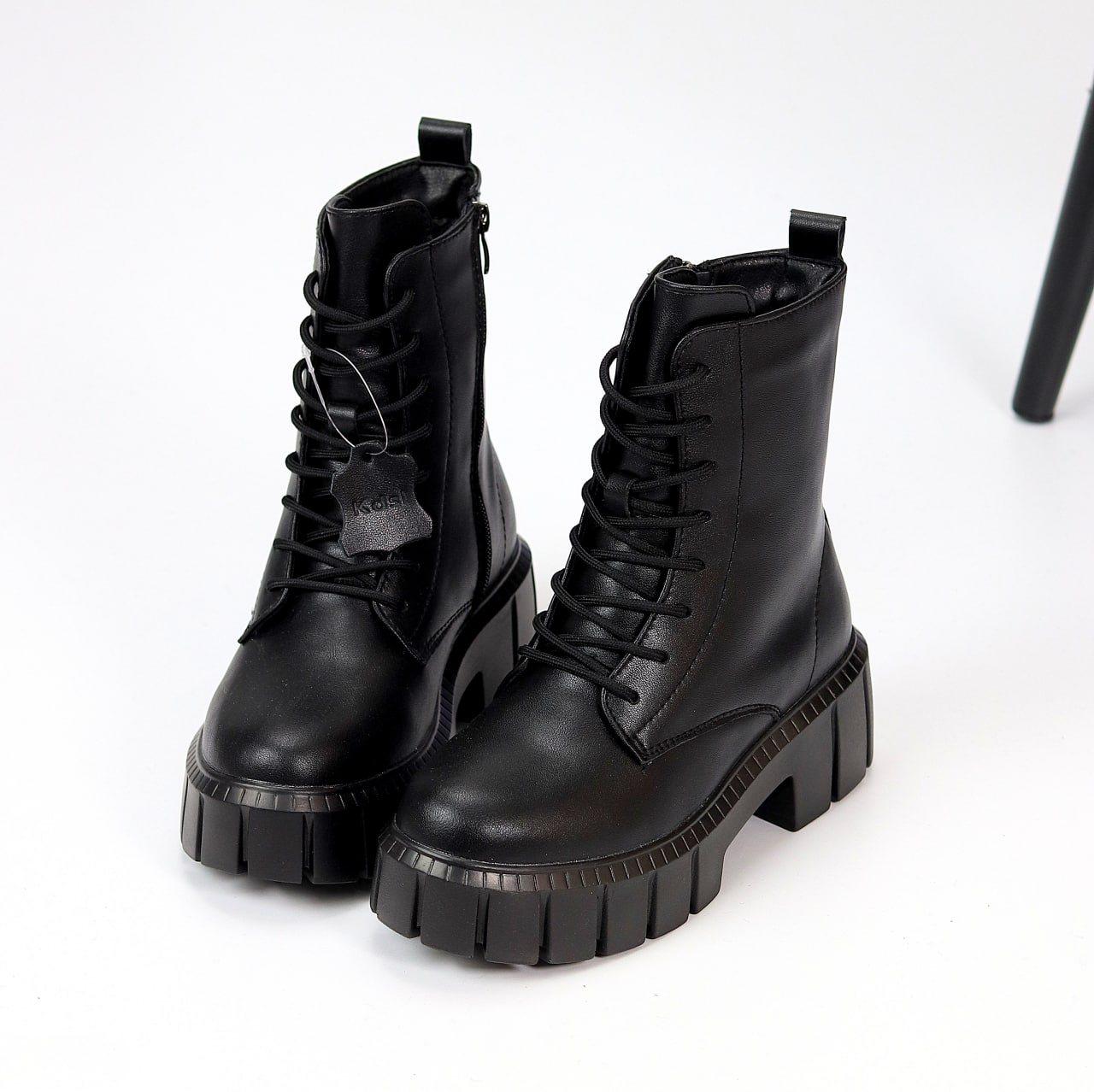 Жіночі шкіряні зимові черевики молодіжні стильні чорні натуральна шкіра, фото 1