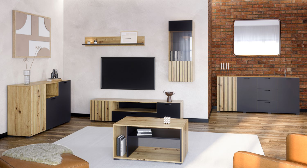 Комплект в вітальню (стенка в гостиную) з ДСП Зара 2 дуб артизан/антрацит Світ Меблів, фото 1