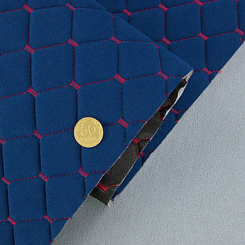 Велюр Venus стьобаний «Темносиній Ромб прошитий червоною ниткою» на поролоні 6мм та флізеліні, ширина 140см