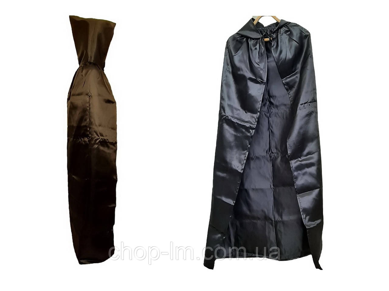 Плащ мантію чорний атласний з капюшоном (130 см) Карнавальний атласний плащ накидка