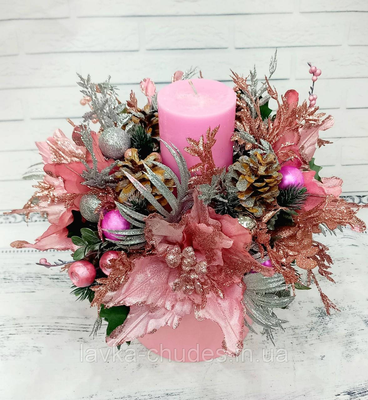 Новорічний букет, декор з свічкою. Ручна робота. Букет в коробці, фото 1