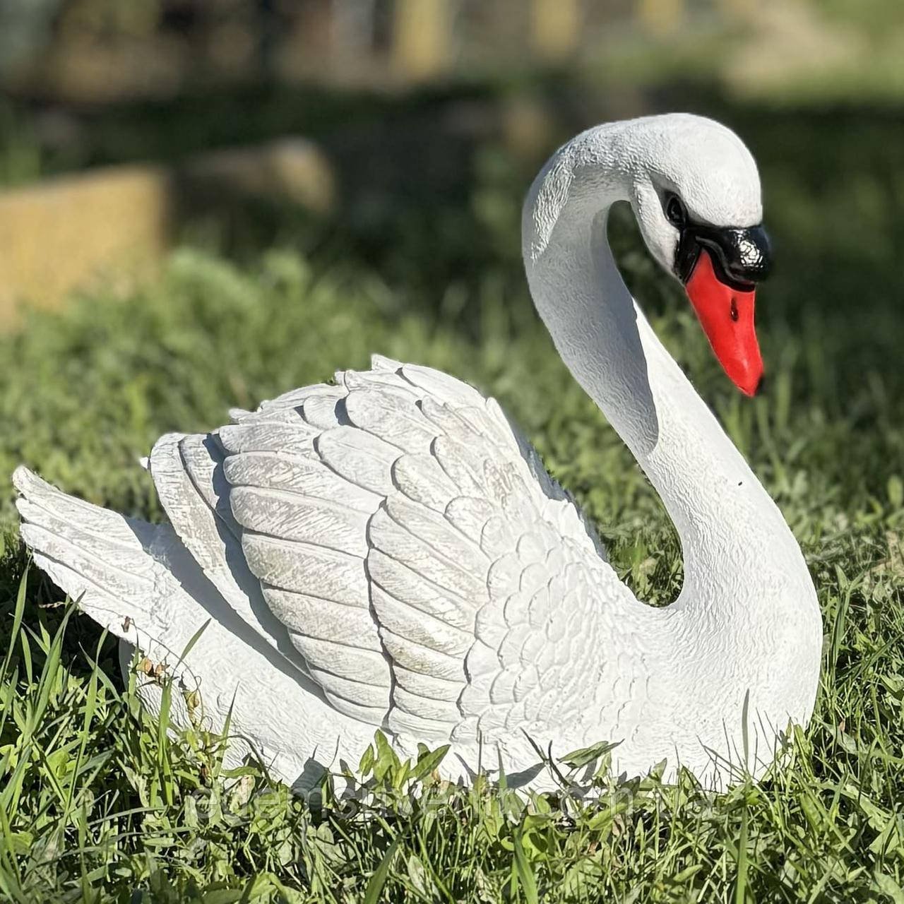 Садова фігура Лебідь, голова вправо, білий 40 см, фігура лебедя з полістоуну для дому і саду, садово-паркові фігури