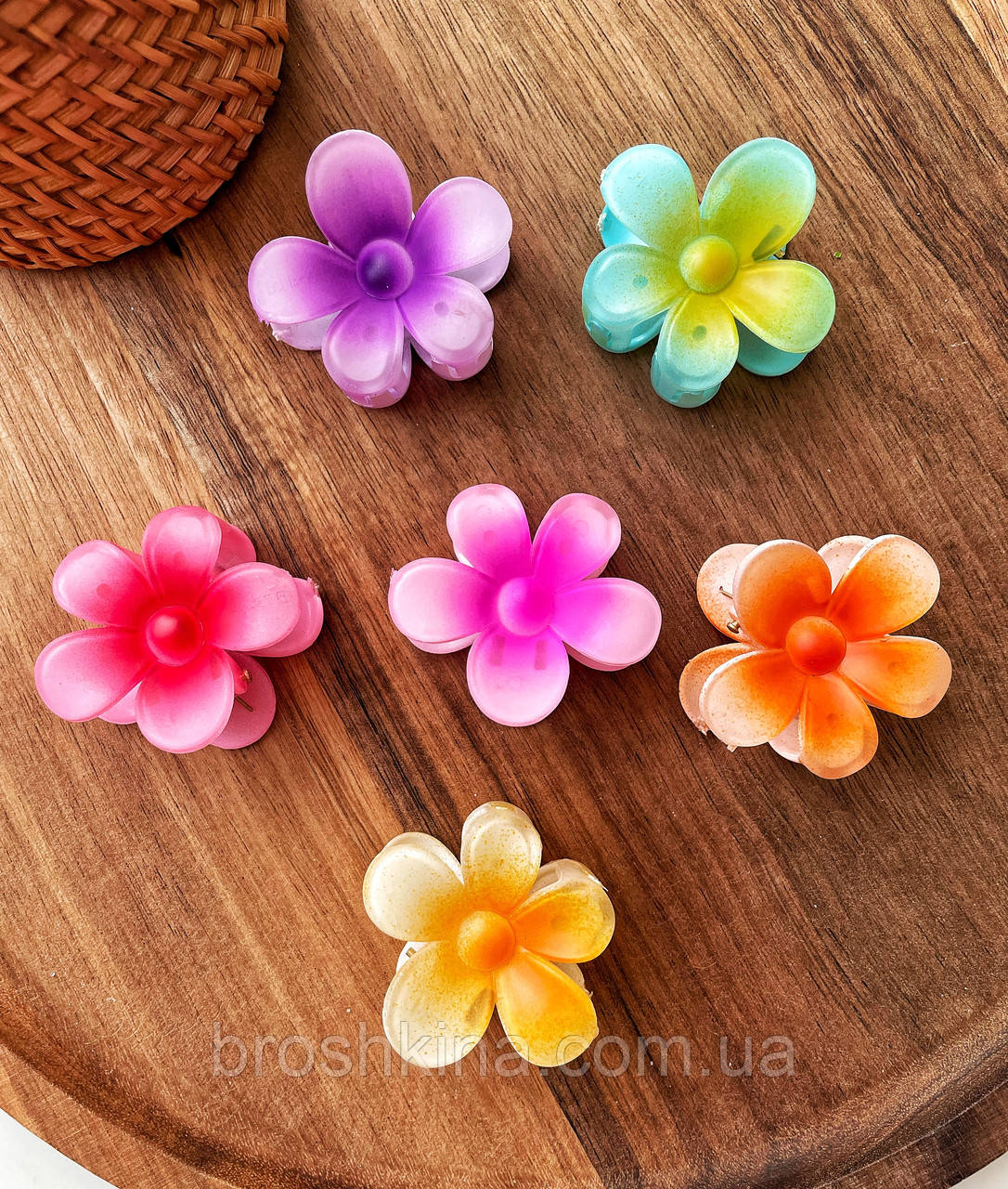 Краби для волосся пластикові оптом 4*4 см 12 шт/уп ГАВАЙСЬКА КВІТКА МАТОВІ, фото 1