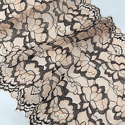 Мереживо шантильї "Аліса" еластичне бежева основа чорне 23 см.