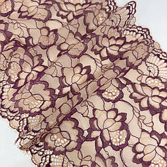 Мереживо шантильї "Аліса" еластичне бежева основа бургундське вино 23 см.