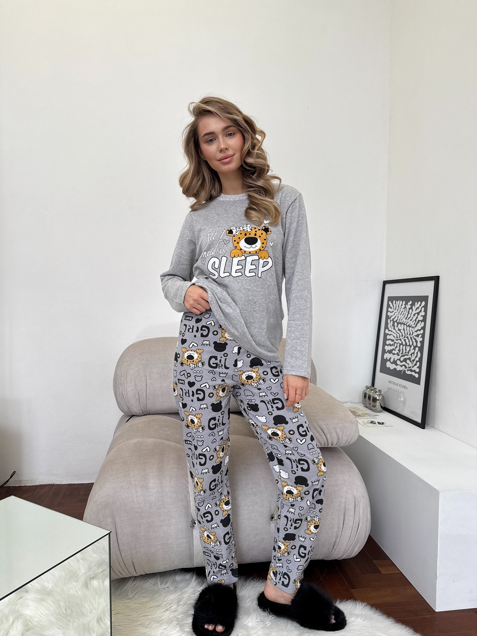 Жіноча піжама тепла COSY бавовна з начісом Baby Leo L сіра