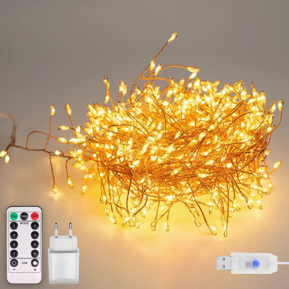 Світлодіодна гірлянда роса "Феєрверк" 10м, від USB та мережі 220V, з пультом, 500 LED, 8 режимів, IP44