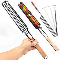 Сітка гриль для овочів 49см з дерев'яною ручкою / Решітка для гриля-барбекю / Портативний кошик для барбекю