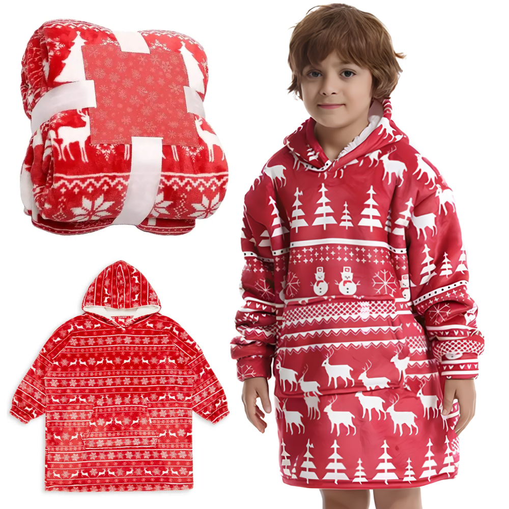 Новорічна толстовка-плед з капюшоном для дітей, фланелева, Червона / Різдвяна піжама дитяча, фото 1