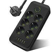Мережевий фільтр на 5м, 2500Вт (6×220В+4×USB+1×Type-C) / Подовжувач з USB / Переноска електрична