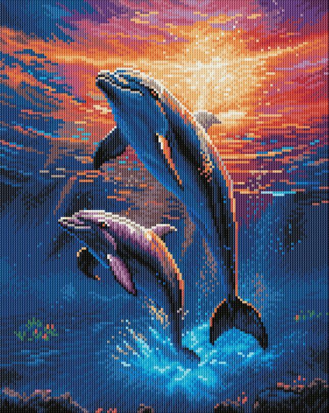 Алмазна живопис НікіТошка Дельфіни на заході сонця (GJ6313NEW) 40 х 50 см (На підрамнику), фото 1
