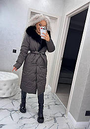 Жіноче довге зимове пальто куртка з капюшоном і штучним хутром норки — чорне, шоколадне | Розміри S, M, L