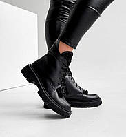 Жіночі шкіряні зимові черевики з хутром тедді на блискавці чорні натуральна шкіра 38