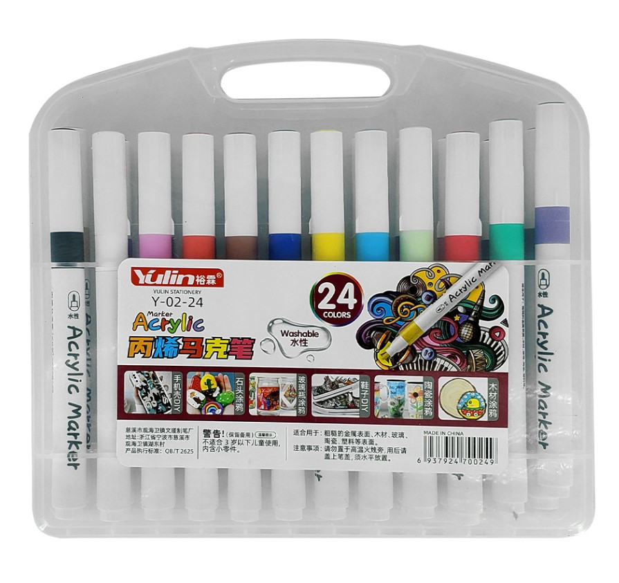 Акрилові маркери Yulin для дітей у прозорому кейсі 24 цвета, фото 1