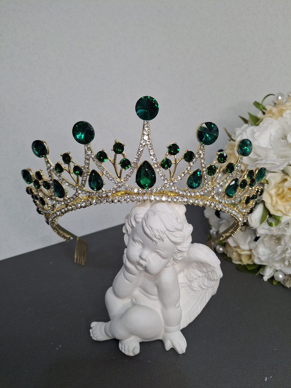 Діадема висока з кристалами Сваровскі, корона, рожеві камені, фото 1